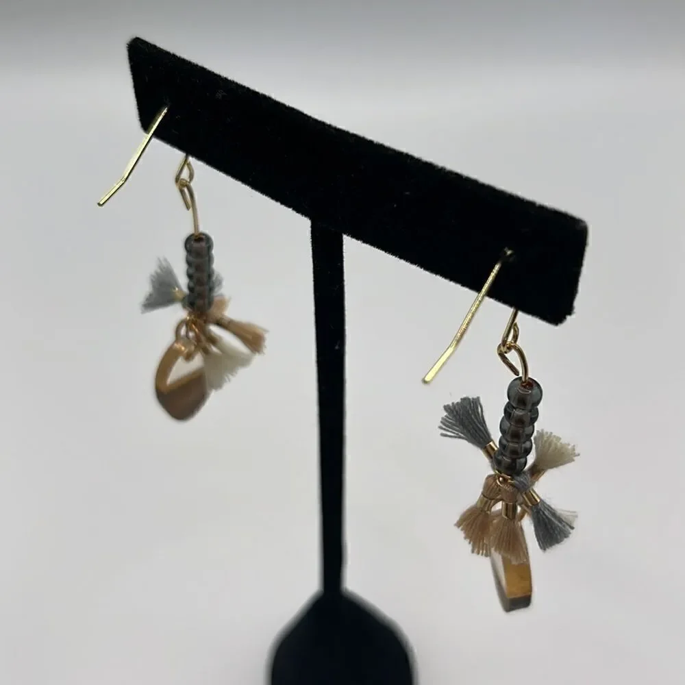 Gold Tone Beaded Tassels and Earth Tone Charm Drop Boho 2” Earrings